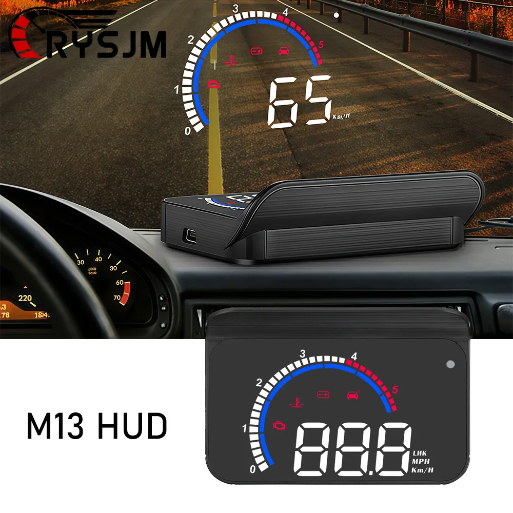 Проектор на лобовое стекло M13 HUD Цифровая сигнализация OBD Компас Измеритель скорости Автоаксессуары Автомобильный проекционный дисплей Спидометр MPH KMH