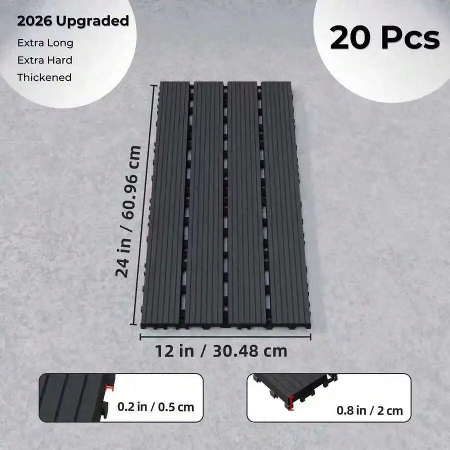 10/20-Piece Modular Plastic Decking Tiles, 12x24 Inch Interlocking Tiles, DIY Snap-Together Flooring System; Suitable For Patios