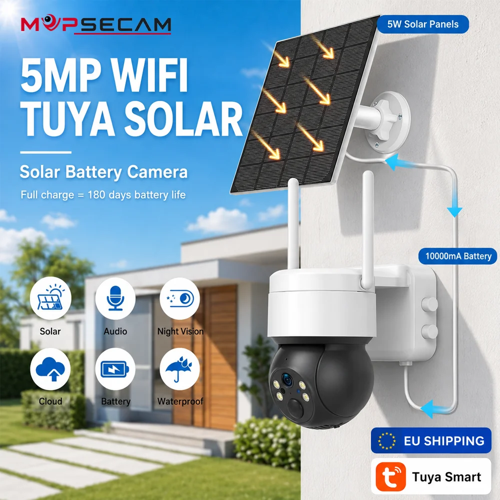 5MP Solarbetriebene PTZ-Kamera WLAN Außen-Sicherheitsüberwachung Tuya App Smart-Kamera KI-Bewegungserkennung Vollfarbige Nachtsicht Zwei-Wege-Sprechfunktion Drahtloses CCTV-System für Haus und Hof