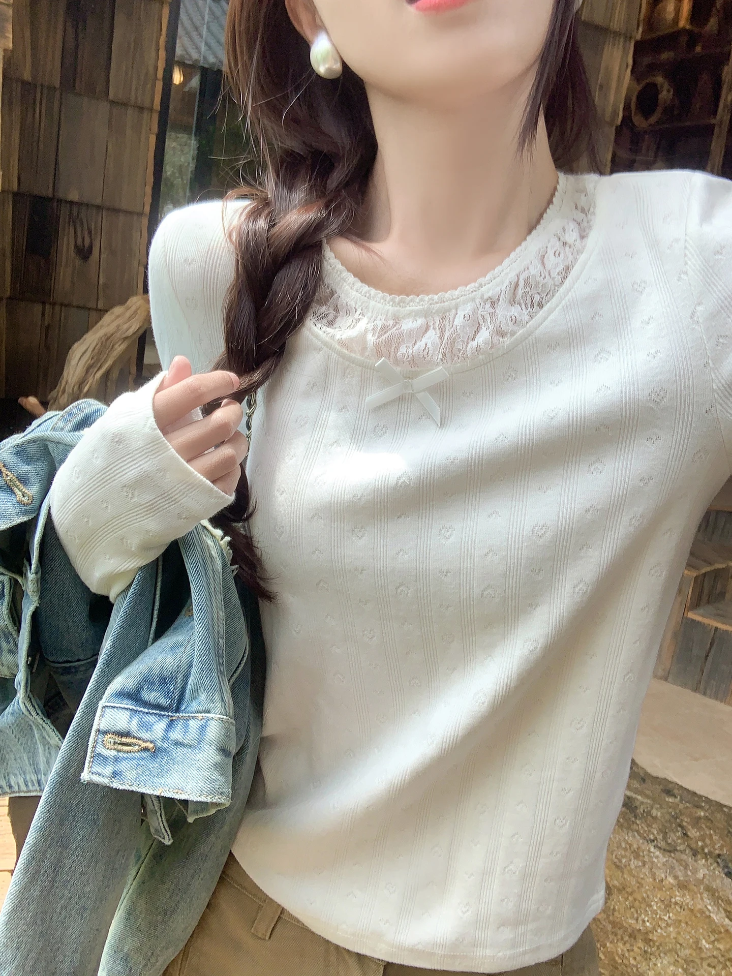 

Корейская хлопковая футболка с длинным рукавом, кружевными вставками, дышащая, комфортная, приятная к телу, повседневный топ с круглым вырезом