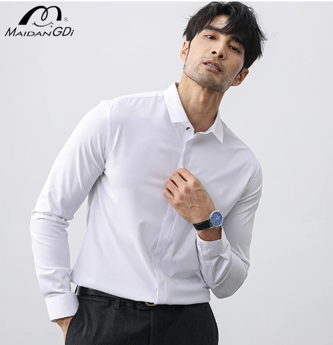 

MAIDANGDI Men's Shirt with Seamless Long Sleeves High-end Feel Casual Business Dress Slim Fit Light Luxury Shirt