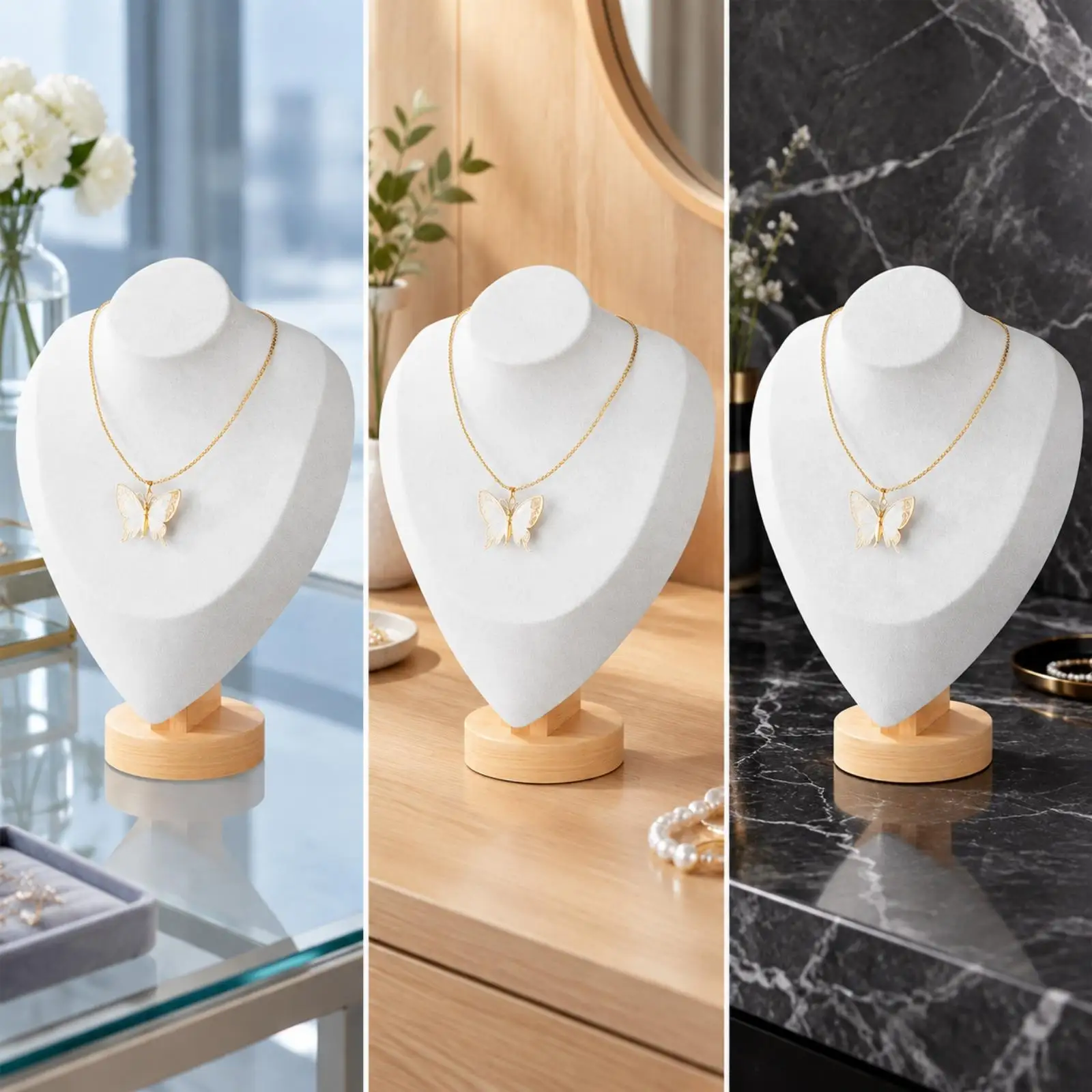 Countertop Jewelry Display Stand Necklace Bust Holder with Round Wood Base for Retail Store