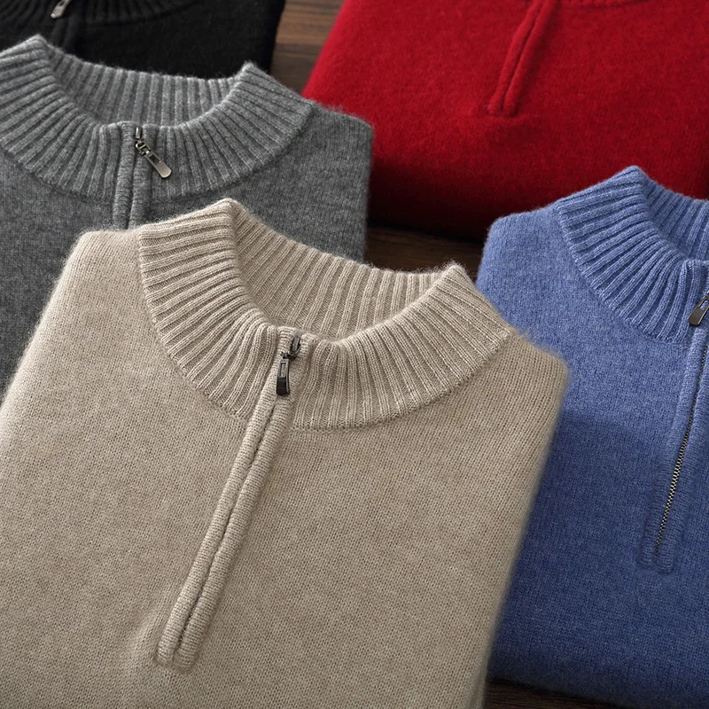Men's 100% Goat Cashmere Sweater Half high Collar Zipper Knit Pullover 2025 Autumn Winter New High-end Business Casual Menswear