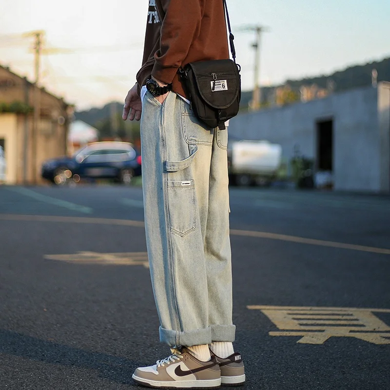 

American Retro Straight Leg Jeans Men's Spring Autumn Loose Wide Leg Pants Cool Brand Youth Trendy Loose Fit Classic Blue