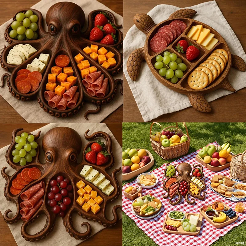 

Octopus Shaped Cheese Fruit Platter Elegant Japanese-style Wooden Charcuterie Tray for Home Kitchen Cooked Food Serving Decor
