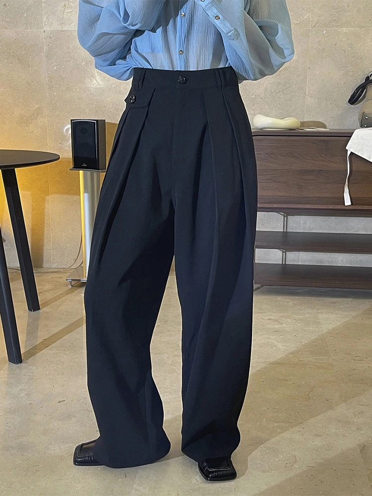 [LANMREM] Wide Leg Casual Pants For Women Korean Fashion Designer Style Fold High Waist Loose Trousers Clothes 2024 Spring New