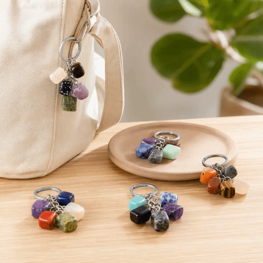 Trendy Stone 12 Constellation Keychain Zodiac Polished Birthstone Key Pendant Multicolor Alloy Astrology Keyring Daily Use