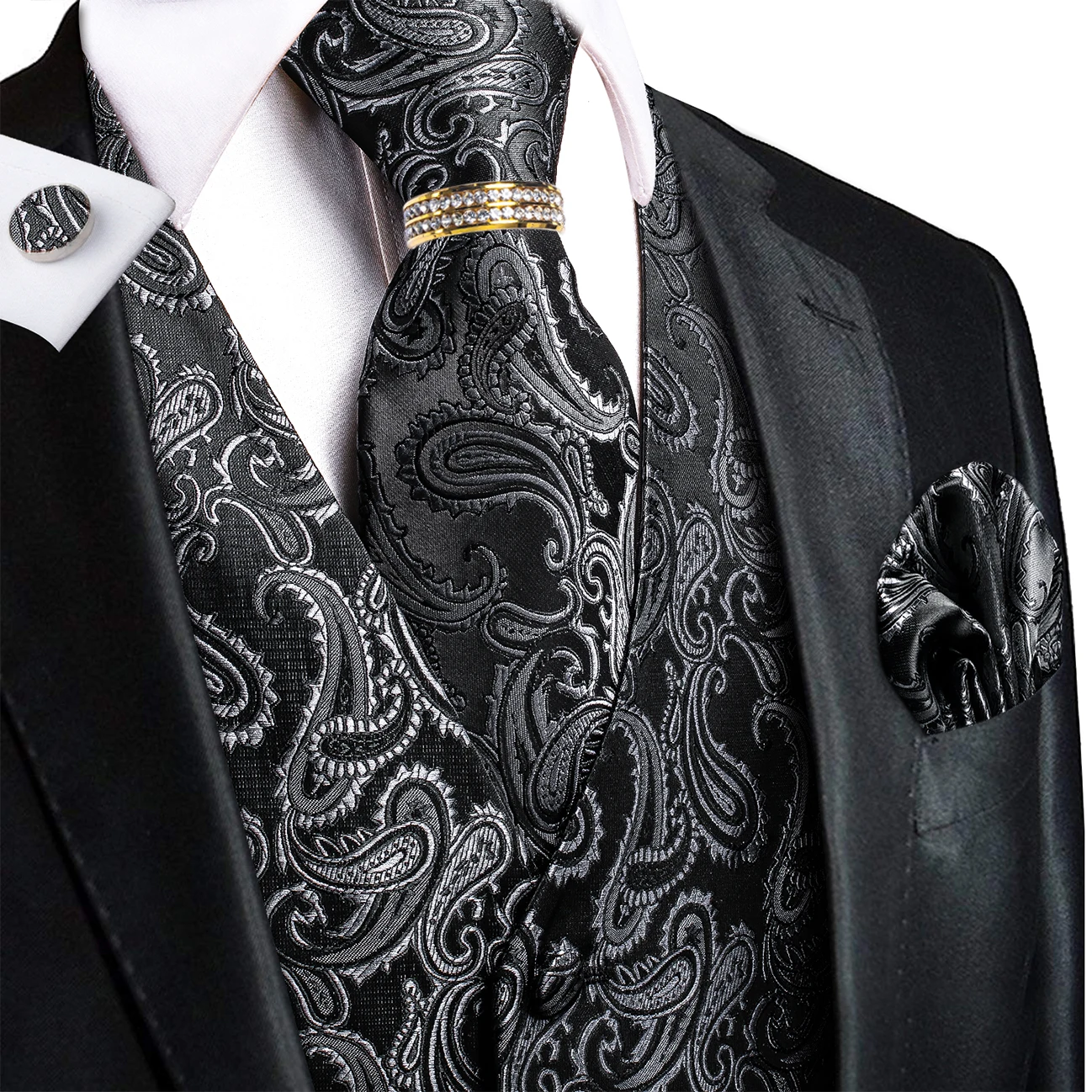 Black Silver Subtle Paisley V-Neck Vest Accessory Kit Tie Pocket Square Cufflinks Ring For Business Annual Ceremony