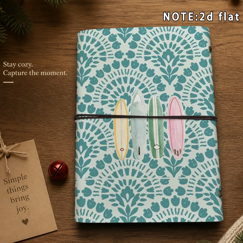 A5 Notebook Colorful Surfboard Teal Floral Pattern Travel Journal 2D Flat Writing Diary Stationery Gift For Beach Surf Lover