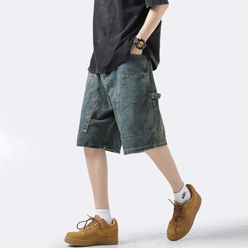 Pantalones cortos de mezclilla holgados para hombre, ropa de calle de gran tamaño, Hip Hop, moda coreana, ropa Kpop Vintage, azul, Y2k, Verano