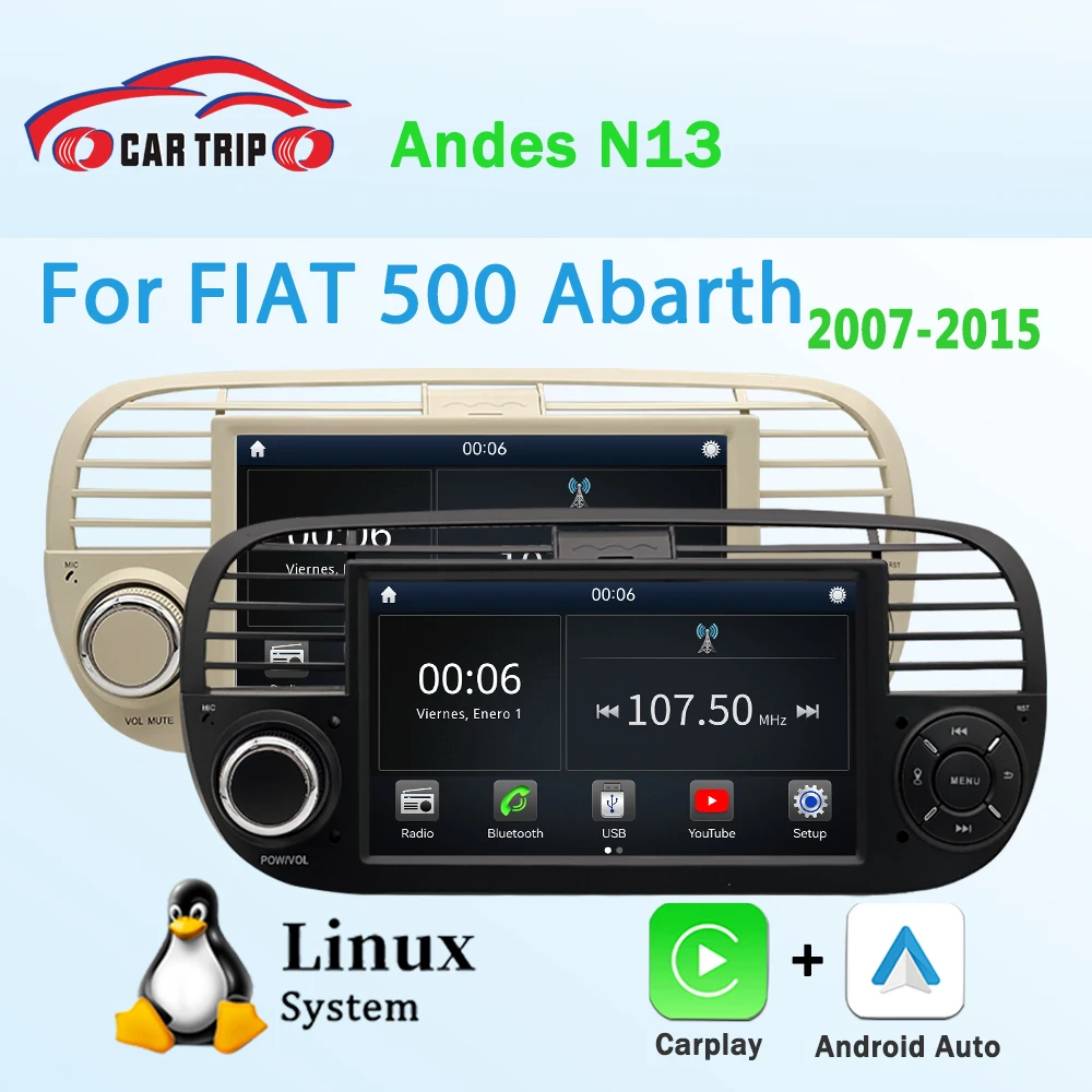 Reproductor Multimedia Estéreo para Auto con Sistema Linux de 7'' para FIAT 500 Abarth 2007-2015 con CarPlay, Android Auto, WIFI, GPS, Navegación, BT5