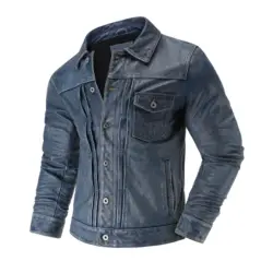 American Casual Top Layer Cowhide Leather Jacket Denim Blue Retro Graphite Distressed Motorcycle Leather Jacket Men's Short