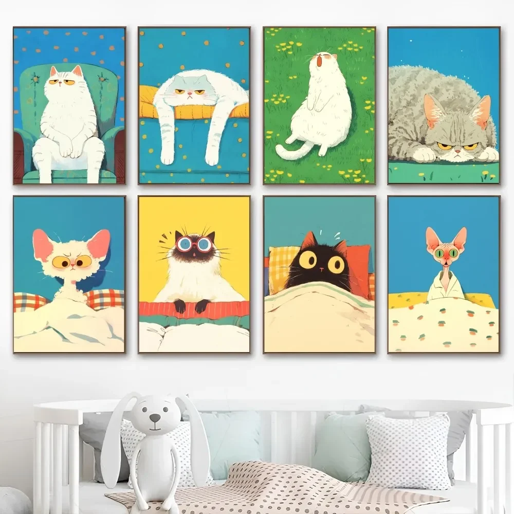 Vintage Wall Art, Funny Animals Kawaii Cats, High Definition Canvas Printed Poster, Home Living Room Bedroom Decorative Items