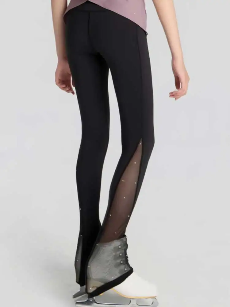 Girls Figure Skating Pants Mesh Rhinestone High‑Waist Ice Skating Leggings Over Skate Boots Training Competition Wear