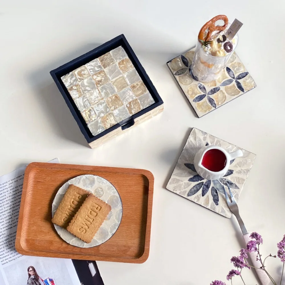 

6 Pcs Craft Patchy Colorful Shell Coaster Square/Round Anti-scalding Heat Insulation Cup Pad with Case Teacup Mat Coffee