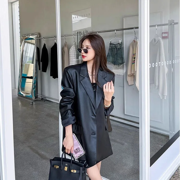 SuperAen Black Suit Leather Jacket 2024 Spring and Autumn New PU Fashion Loose Casual Blazer