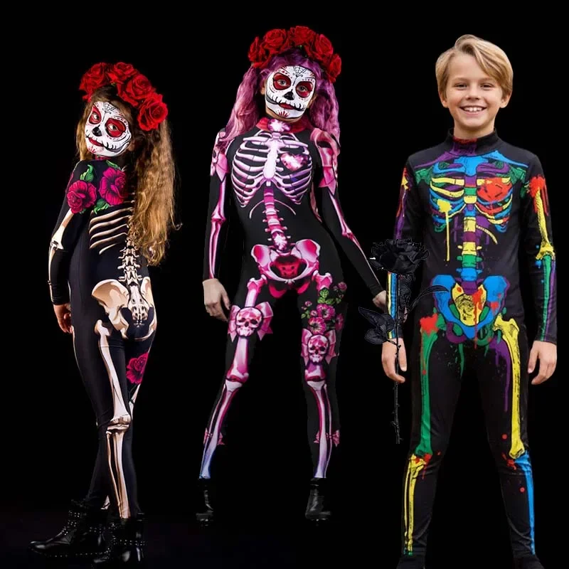 2026 Mädchen Jungen Gothic Geisterbraut Cosplay-Set Skelett-Rosen-Print Bodysuit für Kinder Halloween Karneval Kostüm-Party – Detail 1