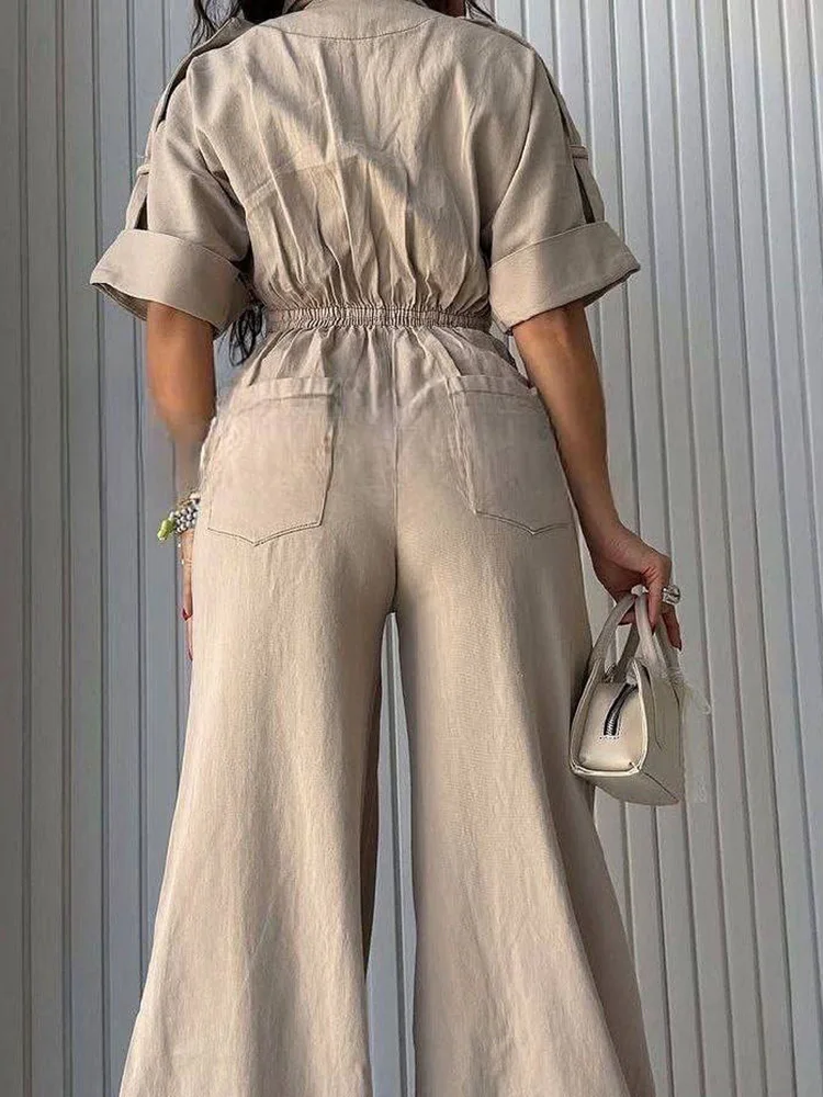 

Chic Lapel Pocket Button Romper Fashion New Solid Color High Waist Jumpsuits Summer Elegant Short Sleeve Slim Playsuit Overalls