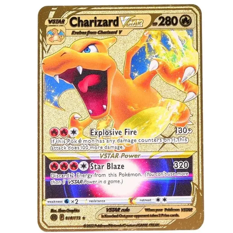 2024 Pokemon English Metal Card Anime Pikachu Charizard Mewtwo Blastoise Vmax Shiny Letters Game Collection Card Kids Toy Gifts