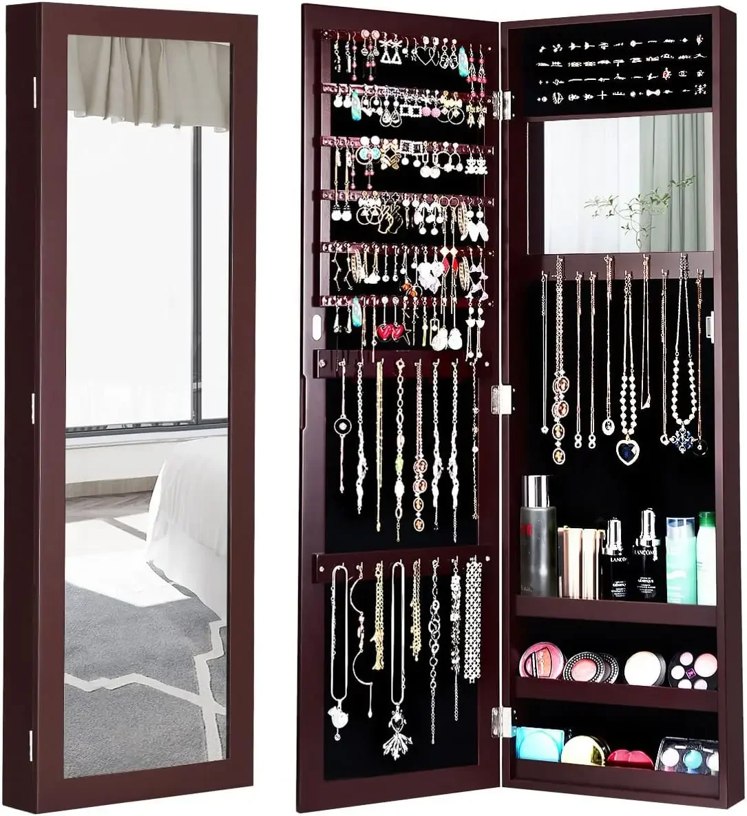 Wall Mounted Jewelry Cabinet with Full Length Mirror, Over The Door Jewelry Armoire Organizer with Large Storage, Makeup Mirror
