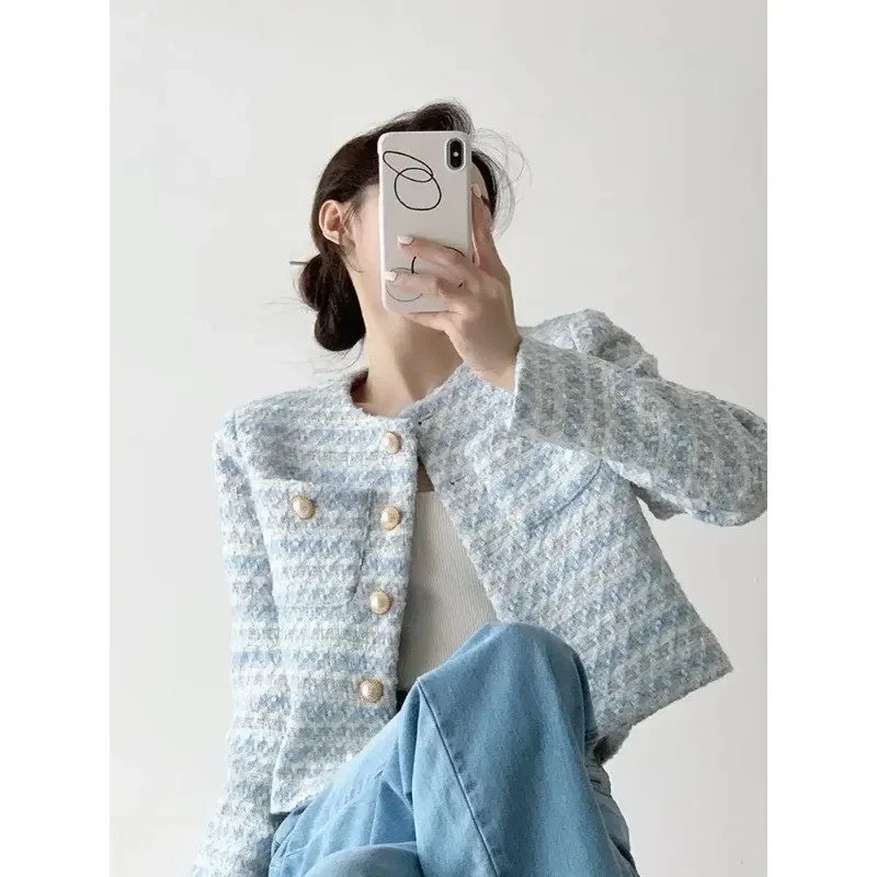 Women's Elegant Tweed Cardigan, Short Coat with Pocket, Single Breasted Jacket, Loose Outwear, Autumn, Winter