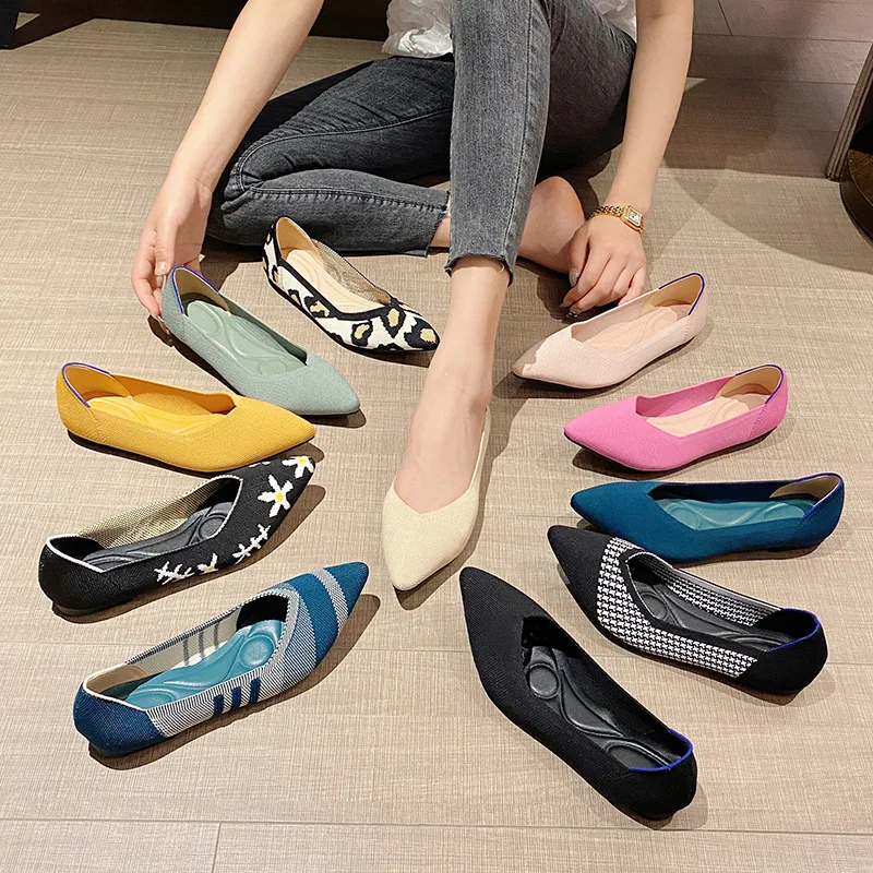 Ballet shoes women Mixed Color Soft Zapatos De Mujer Moccasin  Fashion Knitted Pointed Flat Shoes Bottom Comfortable Plus Size