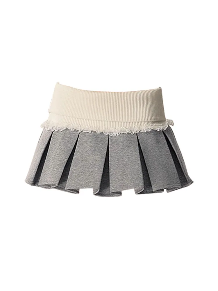 

Japanese Preppy Style Pleated Skirt Office Lady High Waist Lace A-Line Skirt Grey Kawaii Girls Casual Streetwear Spring Summer