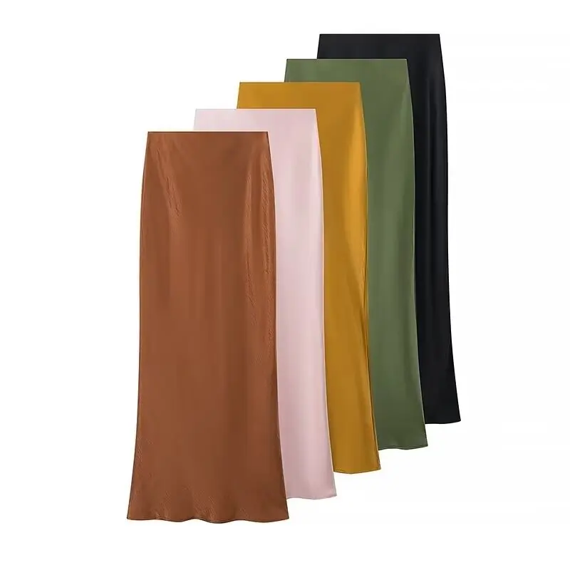 

ZBZA Autumn New Women's Faionable Casual Sle Silk Satin Long Skirt Versatile Mid-Length Polyester Fiber Skirts