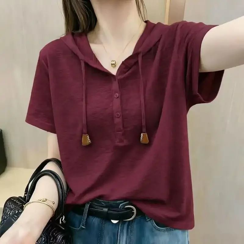 

Casual Women Hooded Blouse With Drawstring And Buttons Loose Fit Summer Top For Everyday Wear