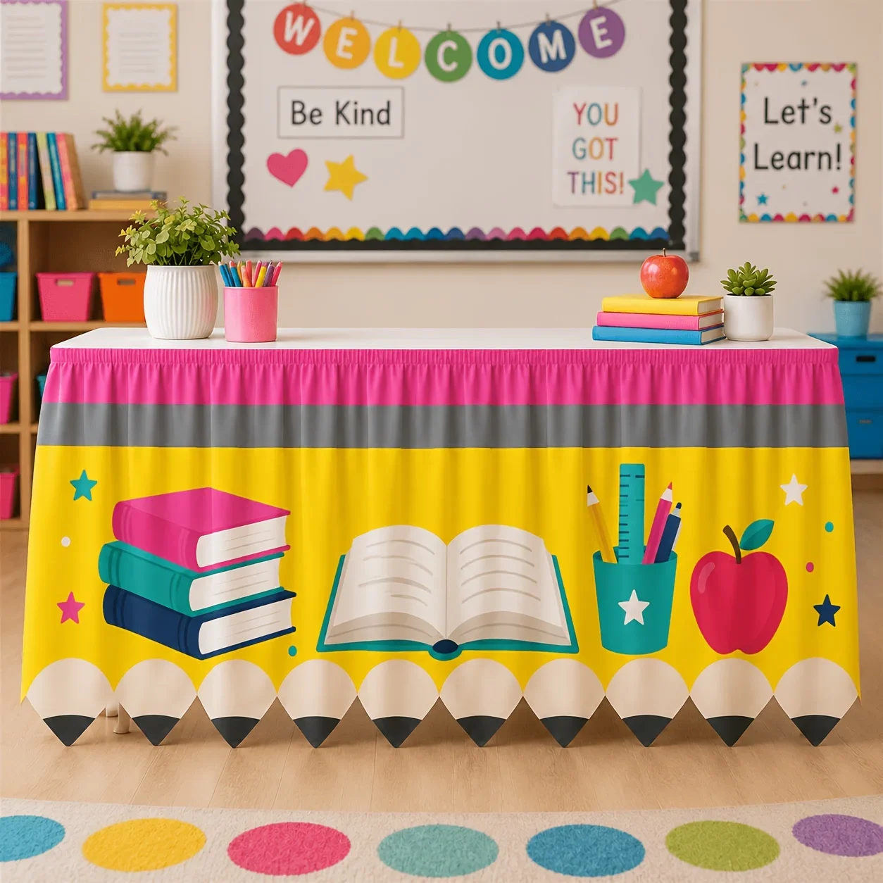 Table skirt / tableskirt - 1 piece. Table skirt with school theme, featuring books, pencils, jars, apples and star patterns.
