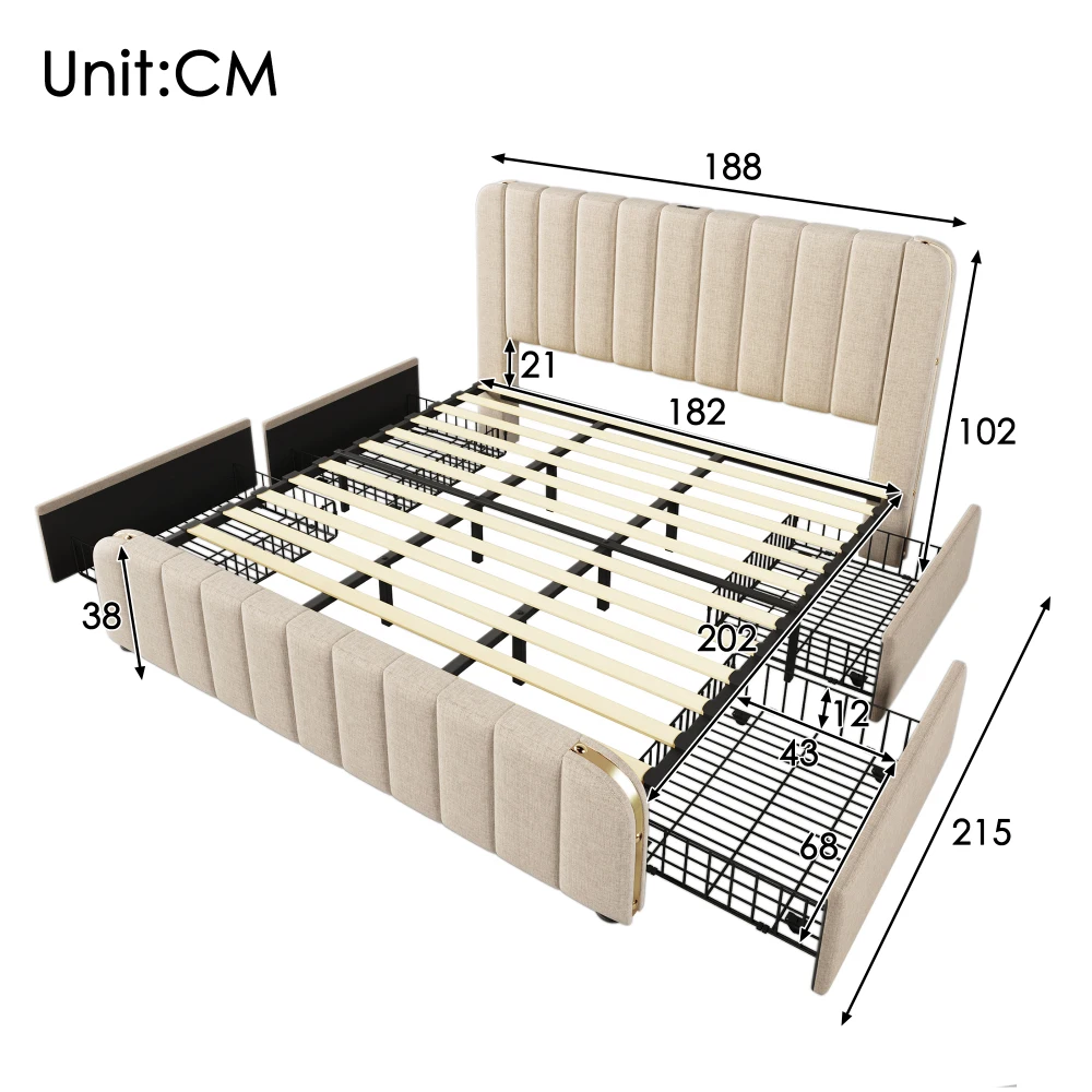 PINGGO Gepolstertes Doppelbett 180x200cm Beige Leinen-Kopfteil Goldene Dekorative Streifen USB Typ-C-Ladefunktion 4 Schubladen Ohne Matratze – Detail 7
