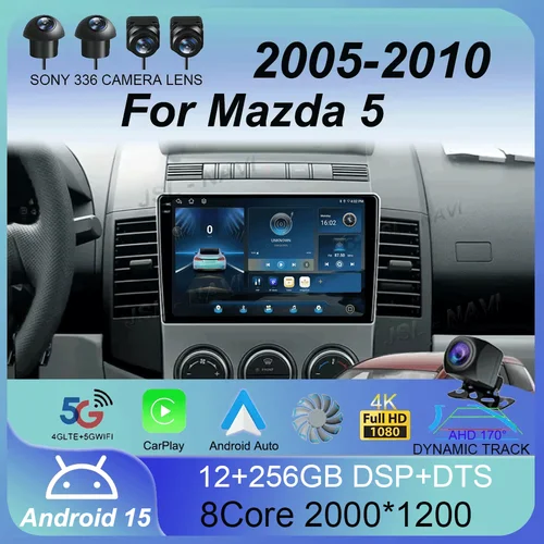 Radio de coche 12 + 256GB Android 15 reproductor de vídeo Multimedia para Mazda 5 2005-2010 AI Control de voz navegación GPS inalámbrico Carplay WIF