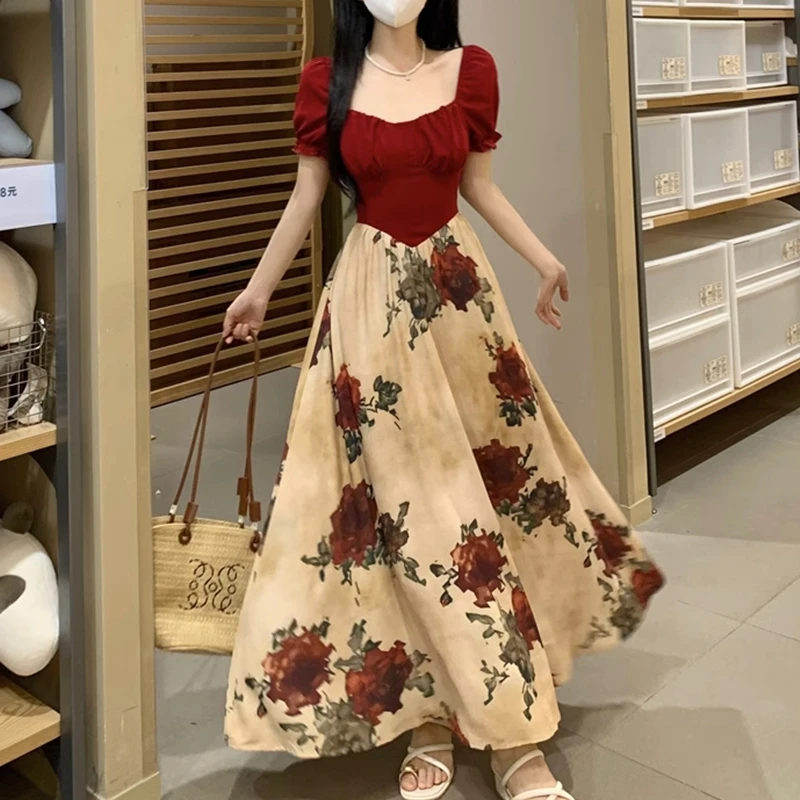 

Retro Elegant Square-necke Rose Print Niche Red Spliced Designed Dress For Women Summer Floral Features Princess Big Swing Skirt