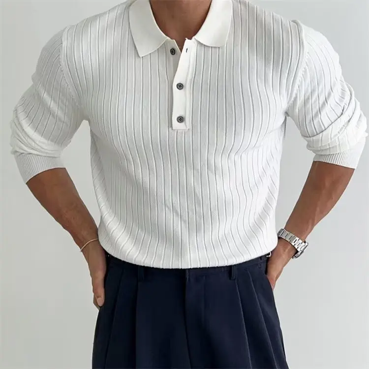 

Spring Korean Style Retro Slim Fit Polo Shirt T Shirts for Men Autumn Business Casual Knitted Long Sleeved Men's T-shirt