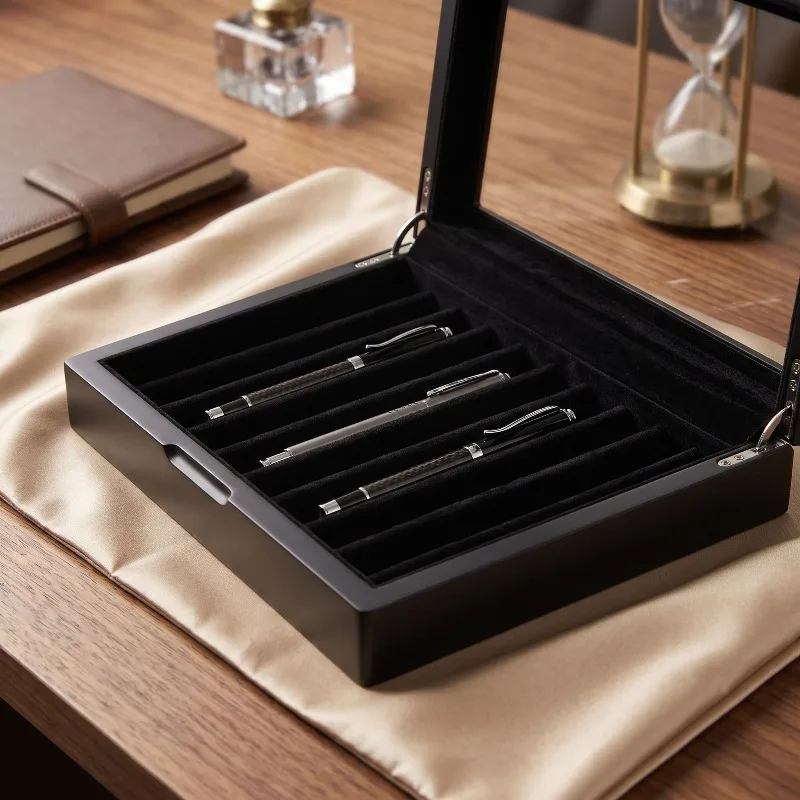 Wooden 10 black matte pen box gift box, flip transparent box display box