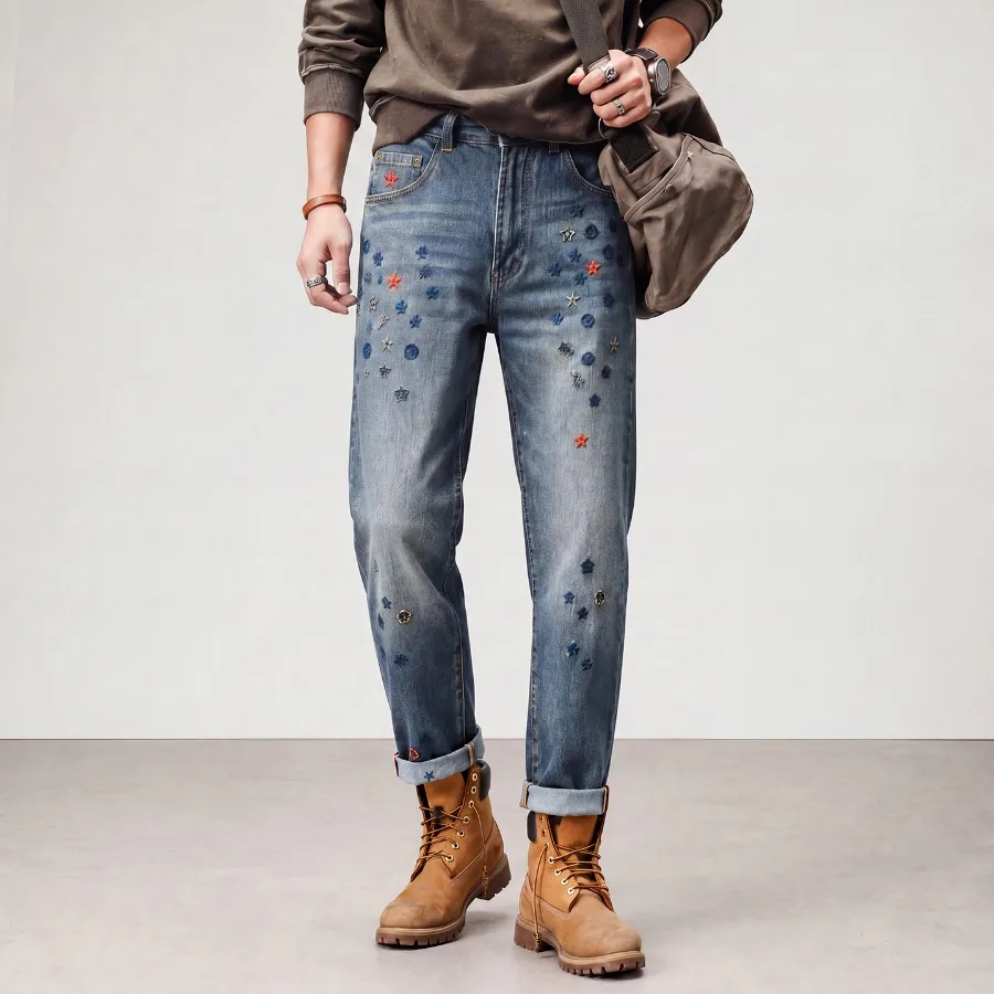 Men's Autumn Winter Thick Jeans Star Embroidery High Waisted Straight Leg Pants Elastic Casual Wear-resistant Men's Pants