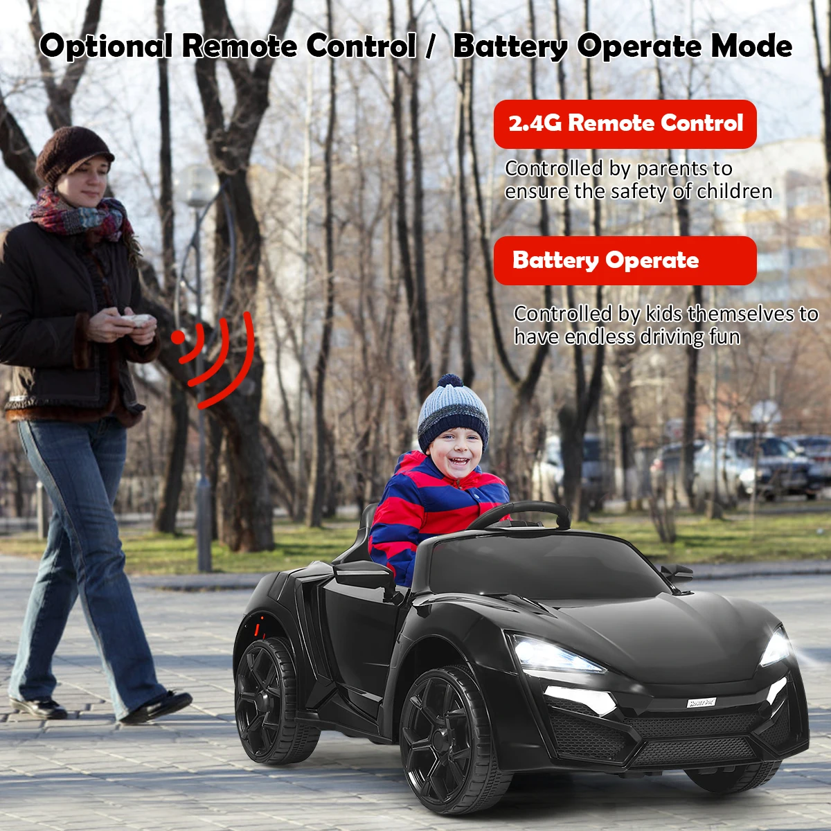 12V Kids Ride On Car 2.4G RC Electric Vehicle w/ Lights MP3 Openable Doors Black