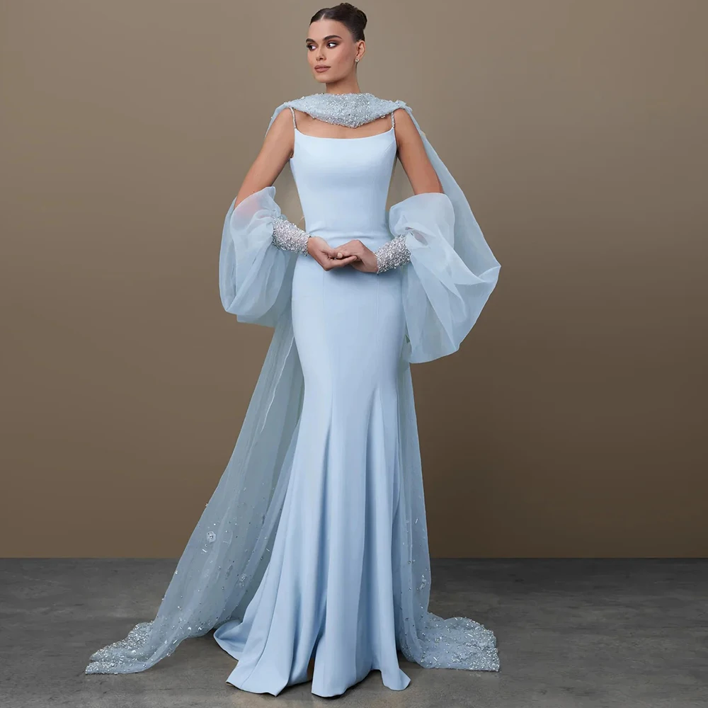 

Exquisite Light Blue Mermaid Evening Dress for Women Customized Spaghetti Straps Backless with Beading Sleeveless Celebrity Gown
