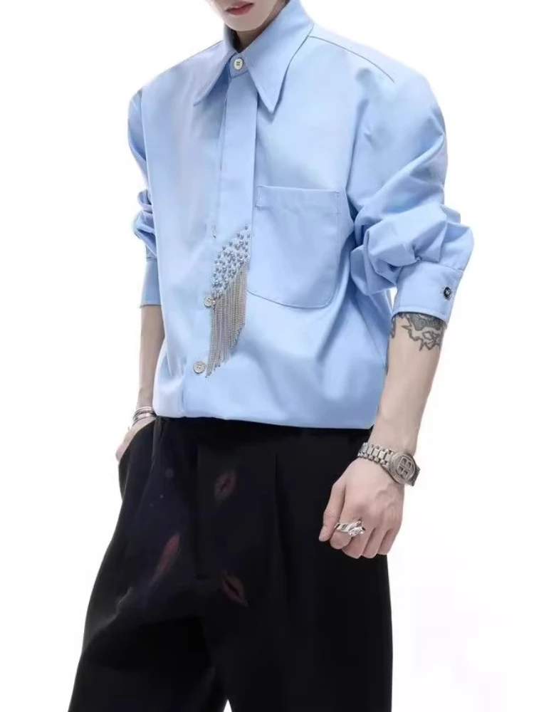 Men's Spring Fall Solid Oversized Long Sleeve Shirt Loose Fit Casual Button-Down with Fringe Detail Versatile Stylish Top