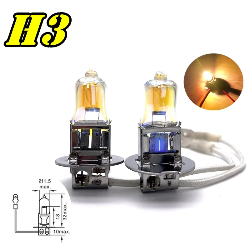2 Pcs H3 12V55W Headlamp 2300K Pk22s Halogen Lamp Replace Upgrade Super Yellow Rain And Fog Proof Light Car Bulbs