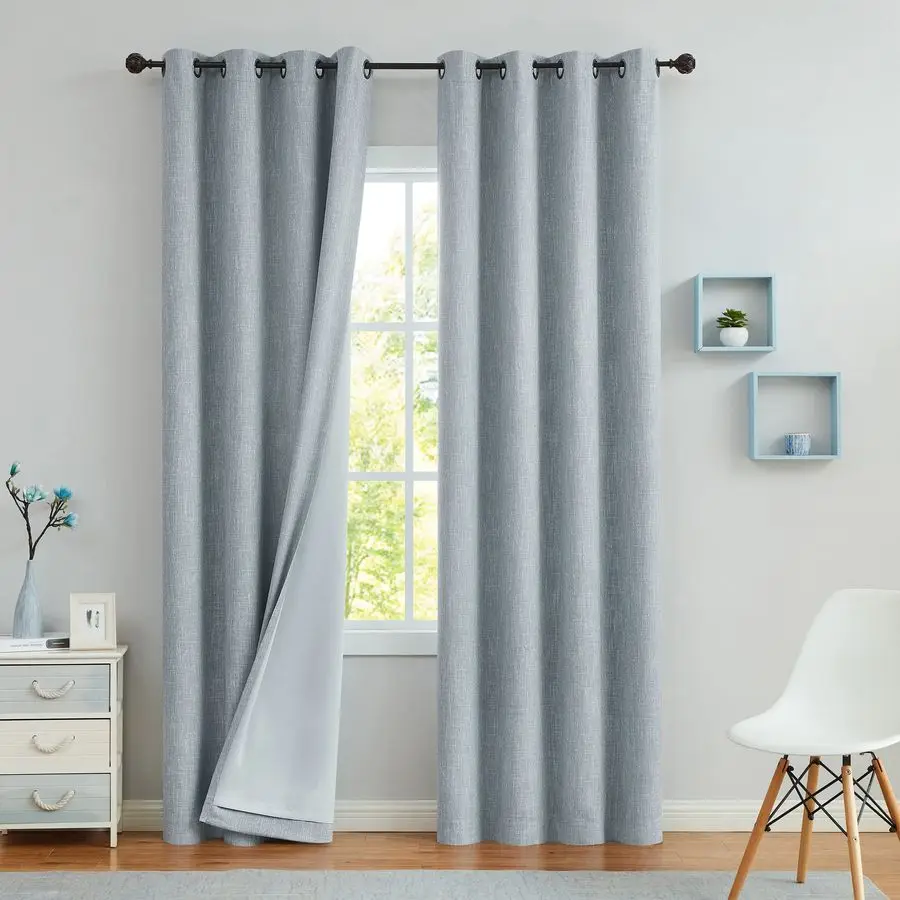 

Solid Full Blackout Curtain Heavy Linen Texture Window Treatment for Bedroom Noise Reducing Thermal Insulated Drapes 8 Grommets