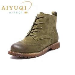 Botas femininas pele 2024 outono couro genuíno feminino botas curtas camurça renda britânica retro tendência botas de tornozelo feminino