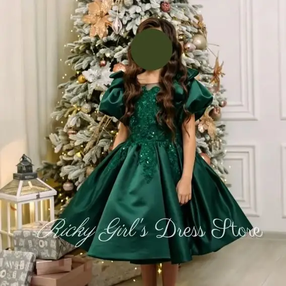 Green Flower Girls Dress Toddler Short Sleeves Christmas Dress Lace Appliques Wedding Party Prom Gown Satin Kids Communion Gown