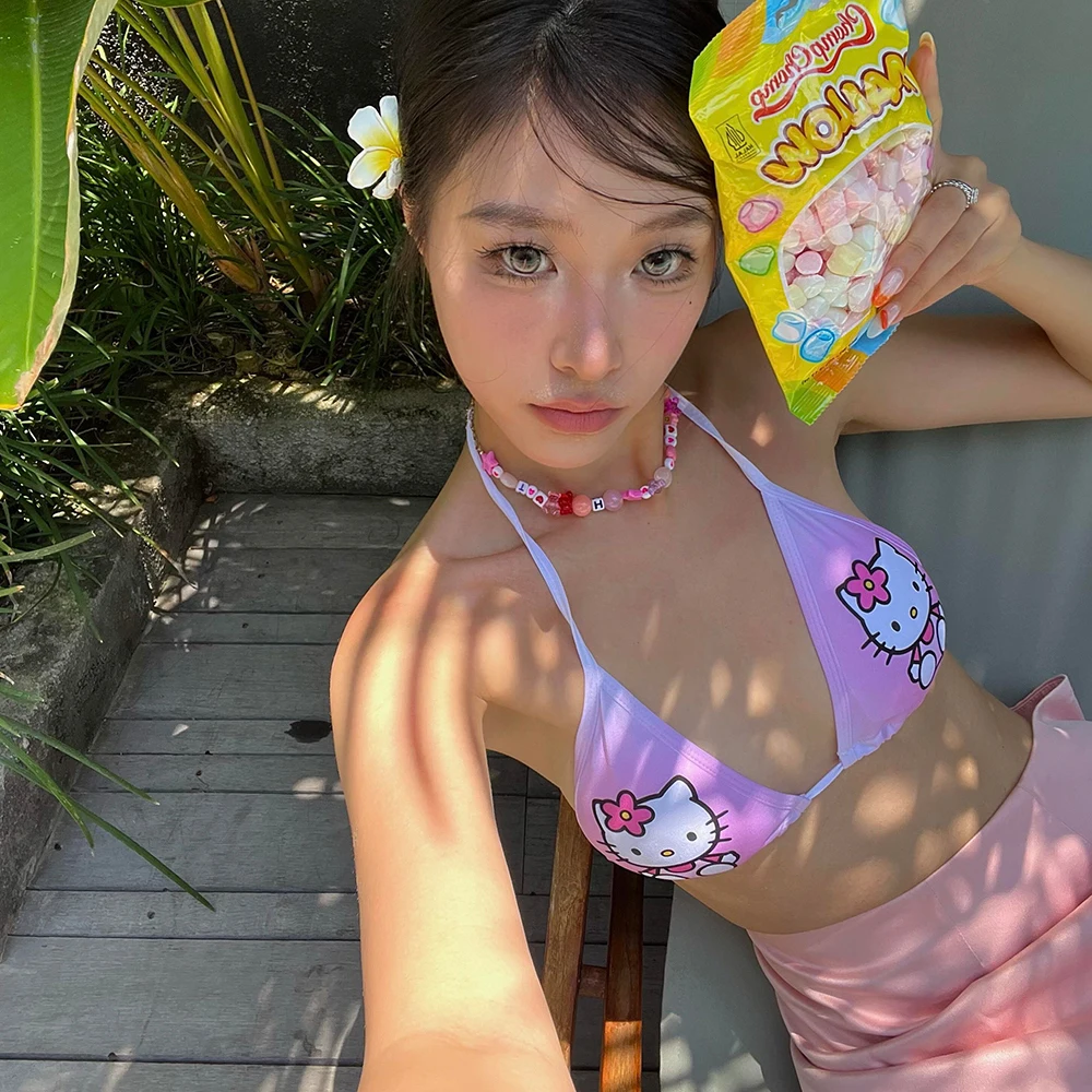 

2Pcs Japanese Cartoon Hello Kitty Woman's Swimsuit Bikini Set Anime Kawaii Girls Hottie Y2K Take A Photo Beachwear Bathing Suit