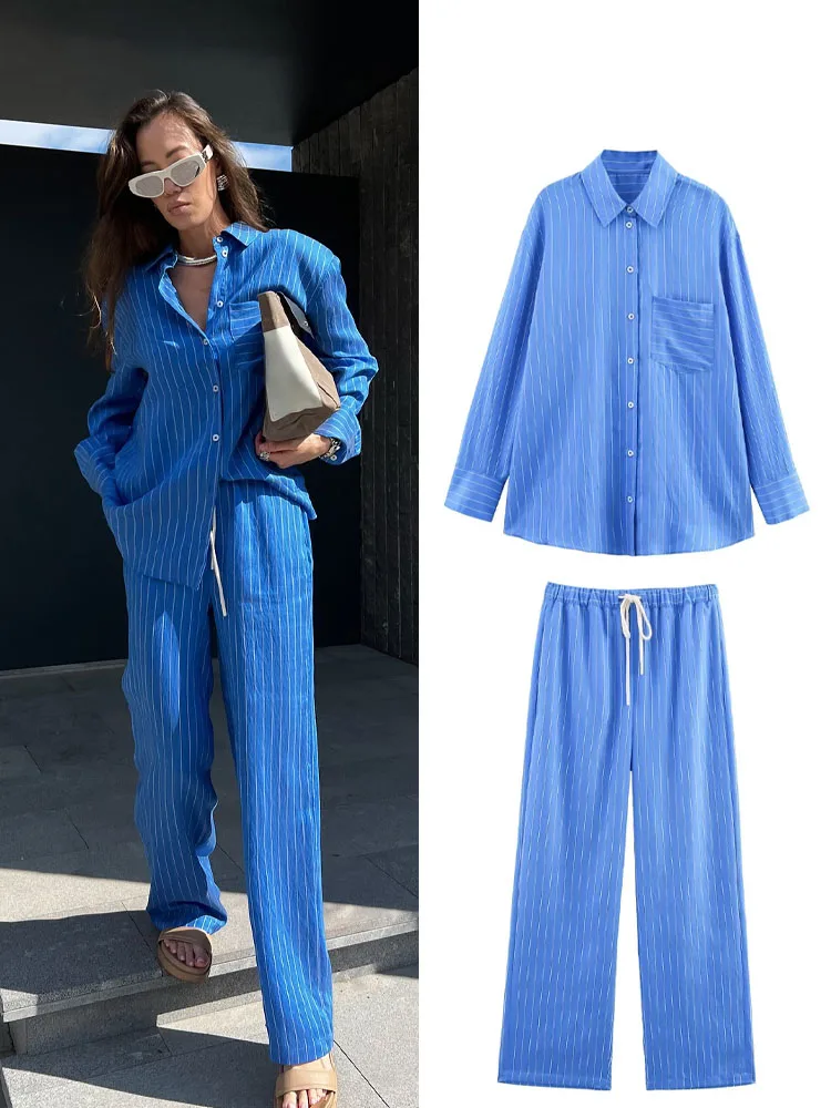 

HH Women Striped Trouser Suit Turn-down Collar Long Sleeve Single-breasted Slim Shirt+High Waist Drawstring Loose Long Pants