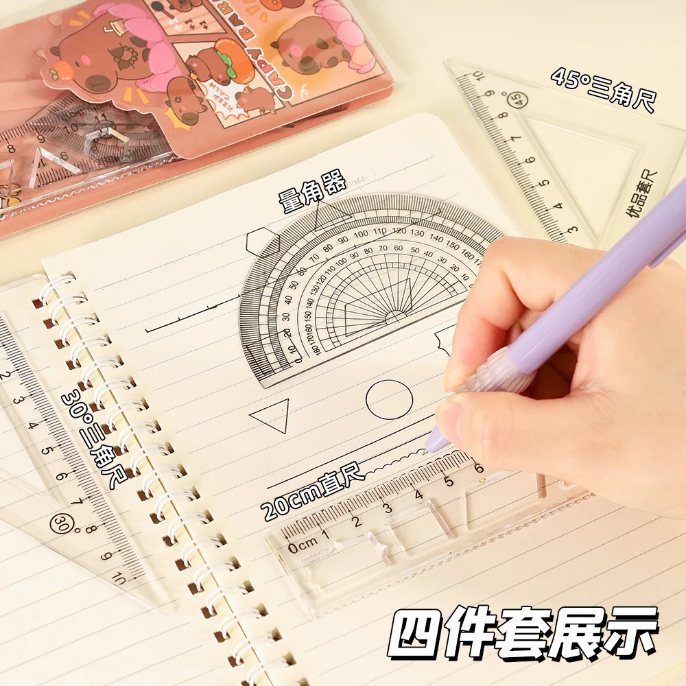 Cute Cartoon Rabbit Ruler Set 4Pcs Straight Ruler Triangle Protractor Kit Clear Scale Student School Exam Drawing Stationery Gif