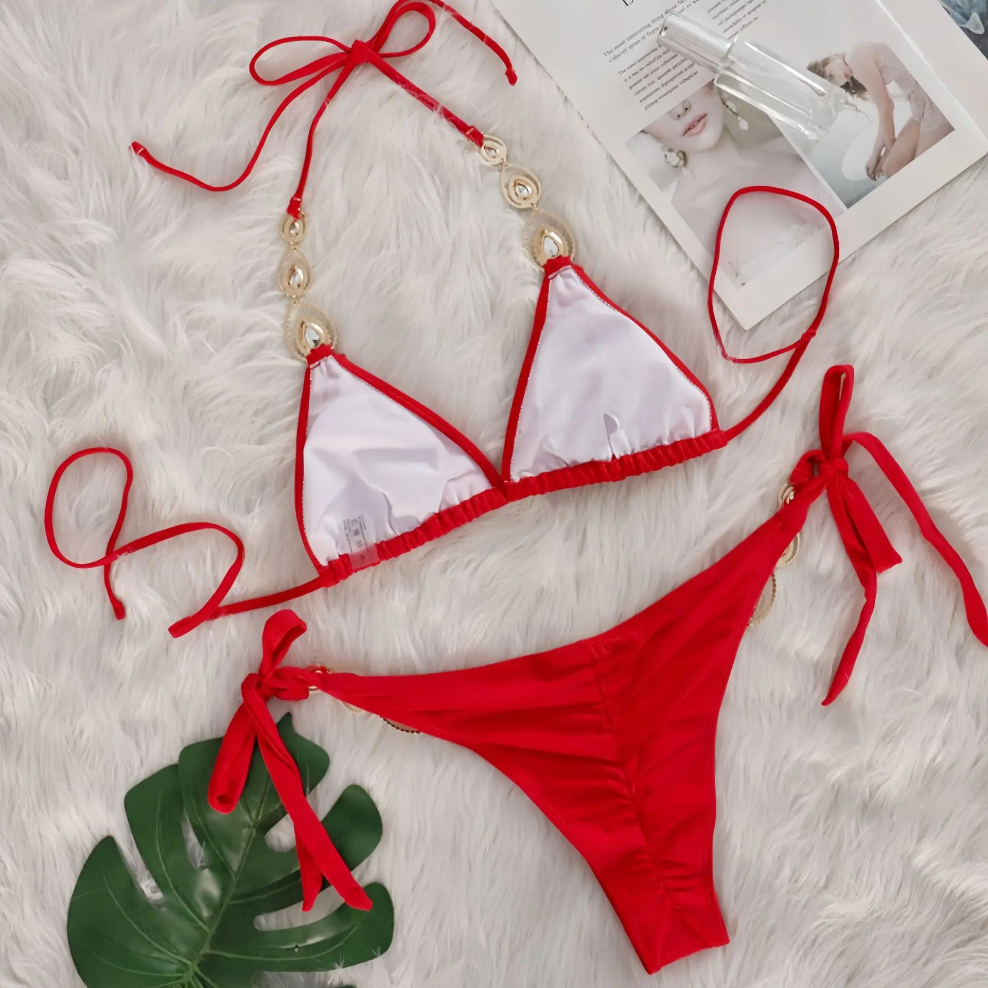 2025 New Fashion Swimwear Women's Glamorous Red Bikini Set with Crystal Embellishments Perfect Pool Parties and Beach Vacations