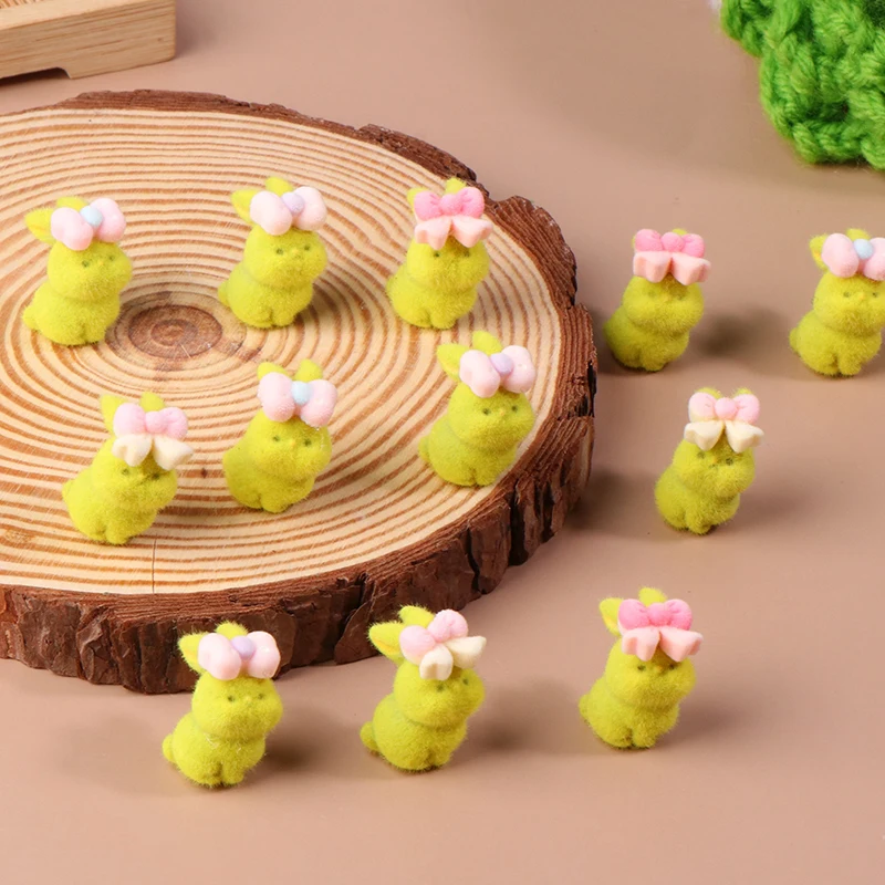 Cute Bow Rabbit Figurines 3D Flocking Bunny Statue Doll Model Dollhouse Mini Landscape Decorations