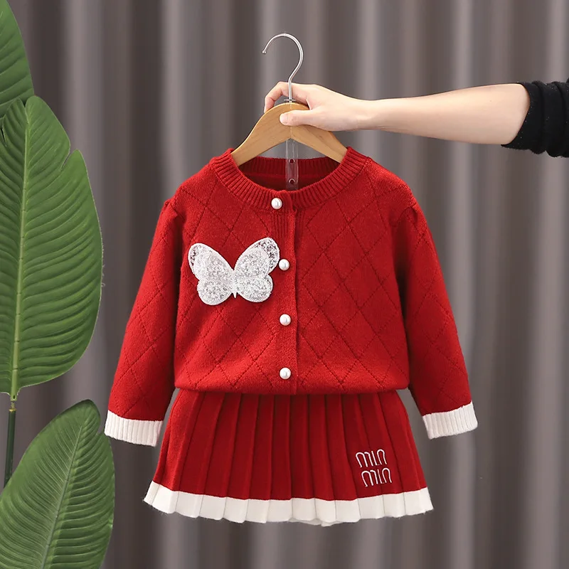 Autumn Winter 1-6Y Girls Knitted Clothes Set Patchwork Butterfly Spliced Kid Girl Tops Letter Embroidery Toddler Girl Skirt Suit