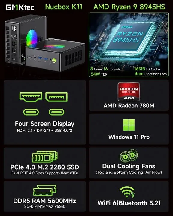كمبيوتر ألعاب صغير GMKtec K11 AMD Ryzen 9 8945HS Windows 11 Pro Radeon 780M DDR5 5600MHz 32GB 1TB SSD WIFI6 BT5.2 كمبيوتر ألعاب
